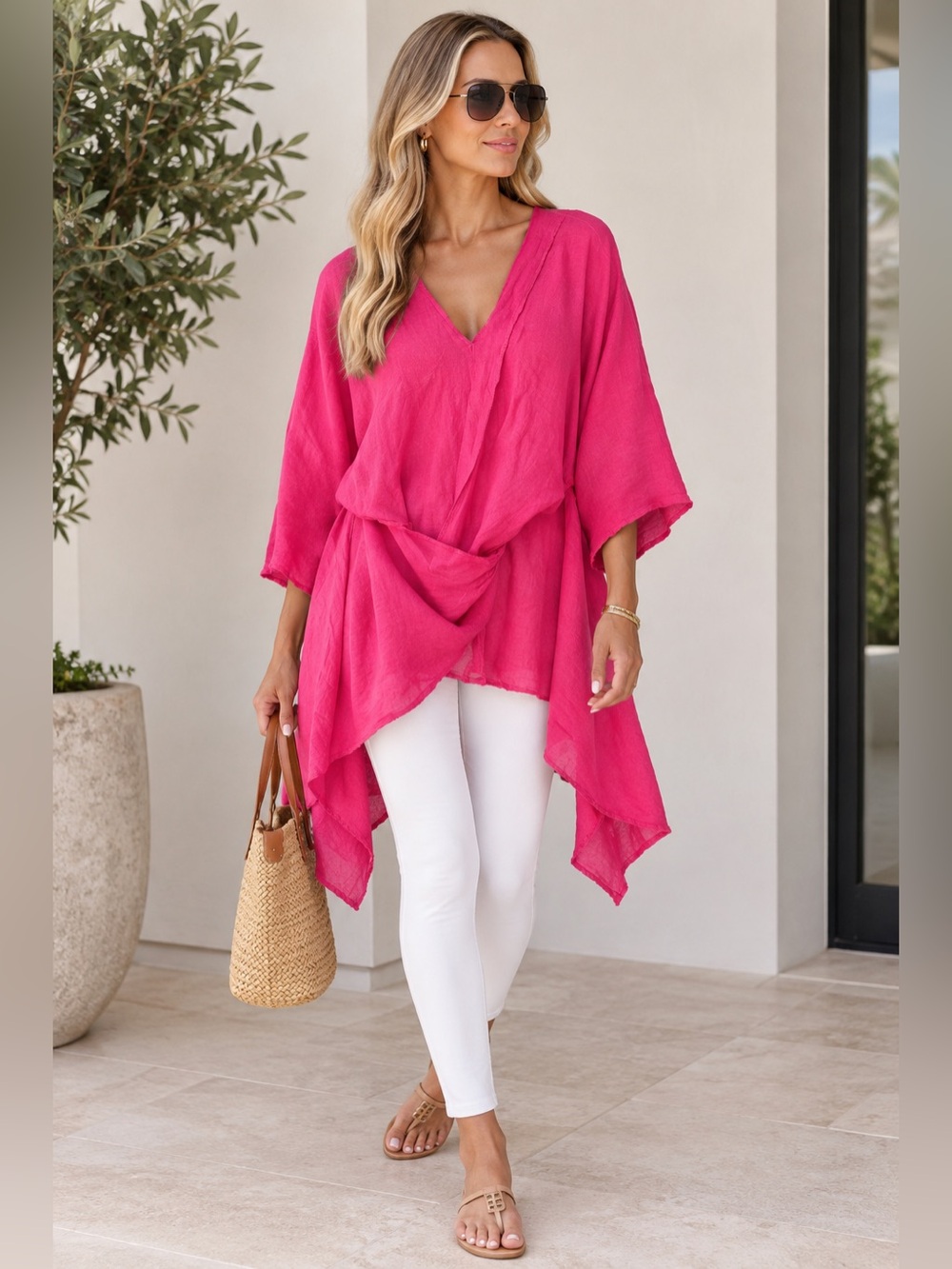 100% Pure Linen Women's Bright Fuchsia V-Neck Wrap Hi-Low Tunic